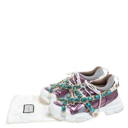 Gucci Metallic Purple Leather and Mesh Flashtrek Removable Crystals Sneakers Size 38