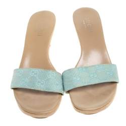 Pre Owned Gucci Gold/Light Blue GG Canvas Heel Slide Sandals Size 37