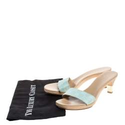 Pre Owned Gucci Gold/Light Blue GG Canvas Heel Slide Sandals Size 37