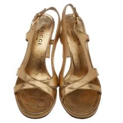 Gucci Gold Leather Criss Cross Slingback Sandals Size 35.5