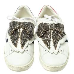 مملوكة مسبقًا Gucci White Leather Ace Embellished Bow Patch Lace Up Sneakers Size 37