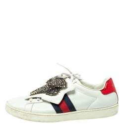 مملوكة مسبقًا Gucci White Leather Ace Embellished Bow Patch Lace Up Sneakers Size 37