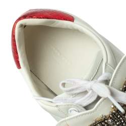 مملوكة مسبقًا Gucci White Leather Ace Embellished Bow Patch Lace Up Sneakers Size 37
