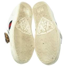 مملوكة مسبقًا Gucci White Leather Ace Embellished Bow Patch Lace Up Sneakers Size 37