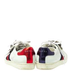 مملوكة مسبقًا Gucci White Leather Ace Embellished Bow Patch Lace Up Sneakers Size 37
