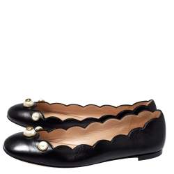 Pre Owned حذاء باليرينا فلات غوتشي مموج جلد أسود مقاس 38.5