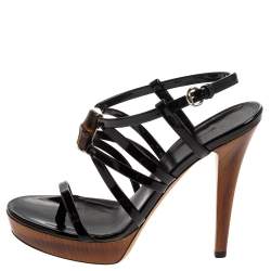 Pre Owned Gucci Black Patent Leather Bamboo Strappy Platform Sandals Size 36