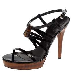 Pre Owned Gucci Black Patent Leather Bamboo Strappy Platform Sandals Size 36