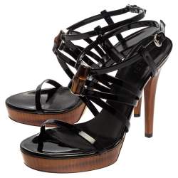 Pre Owned Gucci Black Patent Leather Bamboo Strappy Platform Sandals Size 36