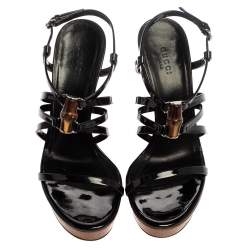 Pre Owned Gucci Black Patent Leather Bamboo Strappy Platform Sandals Size 36