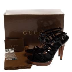 Pre Owned Gucci Black Patent Leather Bamboo Strappy Platform Sandals Size 36
