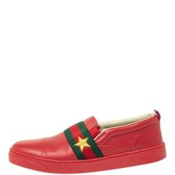 Pre Owned حذاء رياضى غوتشى سليب أون شريط ويب جلد أحمر مقاس 36