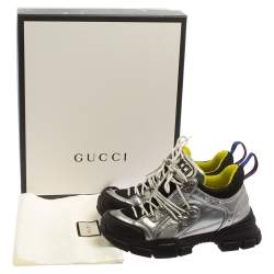 Gucci Silver/Black Leather And Mesh Flashtrek Low Top Sneakers Size 37