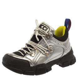 Gucci Silver/Black Leather And Mesh Flashtrek Low Top Sneakers Size 37