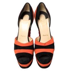 Christian Louboutin Black/Orange Suede Striped Platform Peep Toe Sandals Size 36