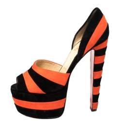 Christian Louboutin Black/Orange Suede Striped Platform Peep Toe Sandals Size 36