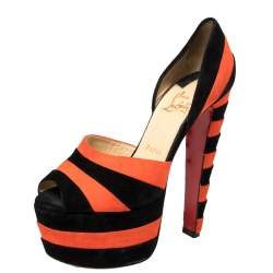 Christian Louboutin Black/Orange Suede Striped Platform Peep Toe Sandals Size 36