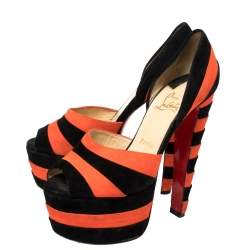 Christian Louboutin Black/Orange Suede Striped Platform Peep Toe Sandals Size 36