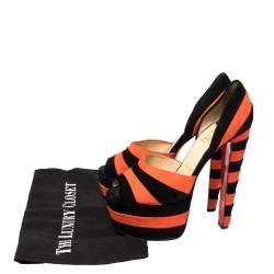 Christian Louboutin Black/Orange Suede Striped Platform Peep Toe Sandals Size 36