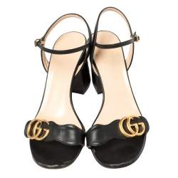 Pre Owned Gucci Black Leather GG Marmont Block Heel Ankle Strap Sandals Size 38