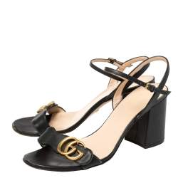 Pre Owned Gucci Black Leather GG Marmont Block Heel Ankle Strap Sandals Size 38