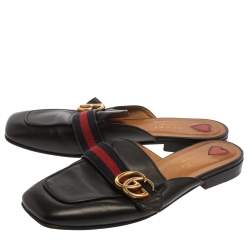 مملوكة مسبقًا Gucci Black Leather Web Double G Logo Mules Size 37