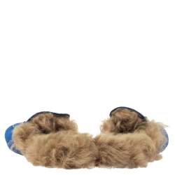 Pre Owned Gucci Blue Velvet And Fur Lined Horsebit Princetown Mules Size 39