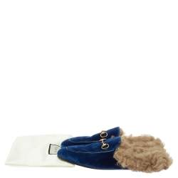 Pre Owned Gucci Blue Velvet And Fur Lined Horsebit Princetown Mules Size 39