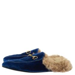 Pre Owned Gucci Blue Velvet And Fur Lined Horsebit Princetown Mules Size 39