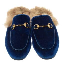 Pre Owned Gucci Blue Velvet And Fur Lined Horsebit Princetown Mules Size 39