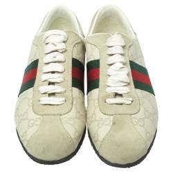 Pre Owned حذاء رياضى غوتشى منخفض من أعلى ويب سويدى وجلد غوتشيسما أبيض مقاس 37