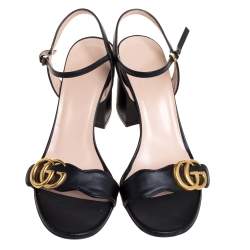 Pre Owned Gucci Black Leather GG Marmont Ankle Strap Sandals Size 38
