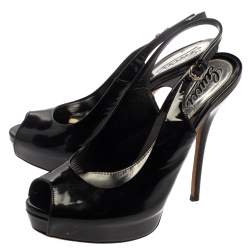 Gucci Black Patent Leather Sofia Platform Slingback Sandals Size 37