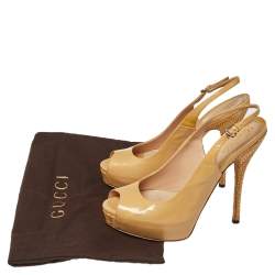 Gucci Beige Patent Peep Toe Platform Ankle Strap Cut Out Sandals Size 38