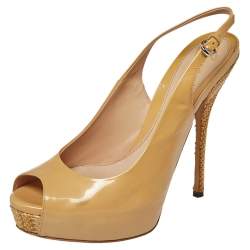 Gucci Beige Patent Peep Toe Platform Ankle Strap Cut Out Sandals Size 38
