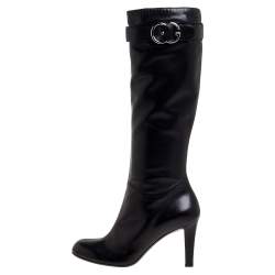 Pre Owned حذاء بوت فوق الركبة غوتشى جى مزدوج ساشلين جلد أسود مقاس 40