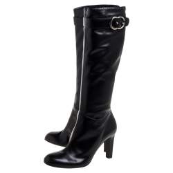 Pre Owned حذاء بوت فوق الركبة غوتشى جى مزدوج ساشلين جلد أسود مقاس 40