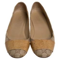 مملوكة مسبقًا حذاء فلات باليه غوتشى غطاء مقدمة جلد سحلية وكانفاس جى جى بيج مقاس 41