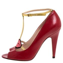 Pre Owned Gucci Red Leather Molina T Strap Sandals Size 38.5