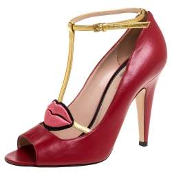 Pre Owned Gucci Red Leather Molina T Strap Sandals Size 38.5