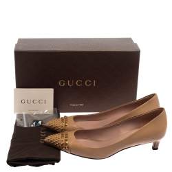 مملوكة مسبقًا حذاء كعب عالي غوتشي مقدمة بيج مرصعة جلد بيج مقاس 37.5 