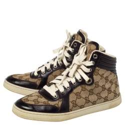 Pre Owned حذاء رياضى غوتشى مرتفع من أعلى جلد وكانفاس جى جى بيج مقاس 36.5 