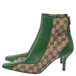 مملوكة مسبقًا Gucci Green/Beige GG Canvas and Leather Square Toe Ankle Boots Size 37.5