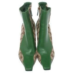 مملوكة مسبقًا Gucci Green/Beige GG Canvas and Leather Square Toe Ankle Boots Size 37.5