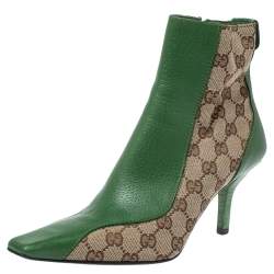 مملوكة مسبقًا Gucci Green/Beige GG Canvas and Leather Square Toe Ankle Boots Size 37.5