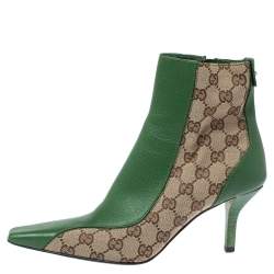 مملوكة مسبقًا Gucci Green/Beige GG Canvas and Leather Square Toe Ankle Boots Size 37.5