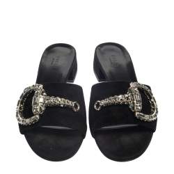 Pre Owned صندل غوتشى سلايد هورسبيت كريستال ماكسيم سويدى أسود مقاس 40