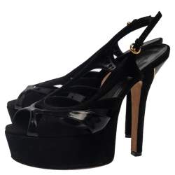 Pre Owned صندل غوتشى فتحة كعب نعل سميك جلد لامع وسويدى أسود مقاس 38