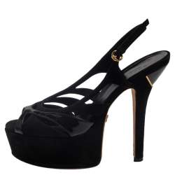 Pre Owned صندل غوتشى فتحة كعب نعل سميك جلد لامع وسويدى أسود مقاس 38