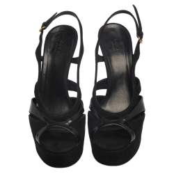 Pre Owned صندل غوتشى فتحة كعب نعل سميك جلد لامع وسويدى أسود مقاس 38